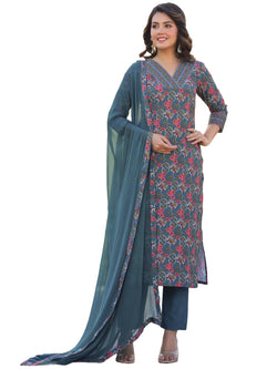 ANNI DESIGNER Womens Rayon Blend Straight Printed Kurta with Pant & Dupatta (Shaniya Grey_S_Grey_Small)