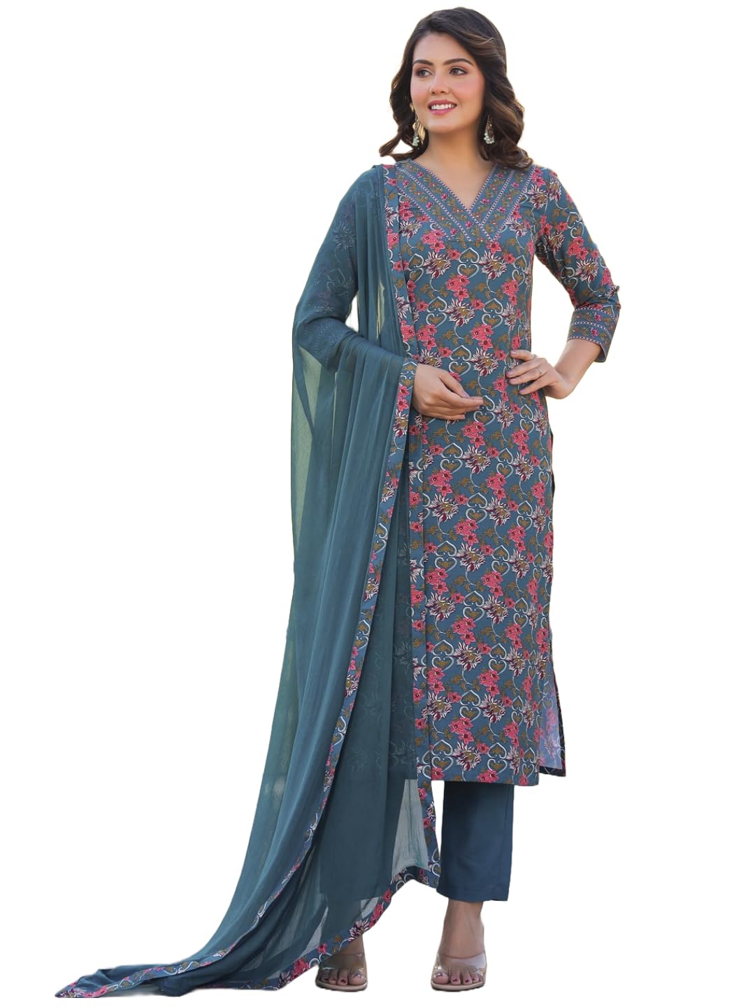 ANNI DESIGNER Womens Rayon Blend Straight Printed Kurta with Pant & Dupatta (Shaniya Grey_S_Grey_Small)