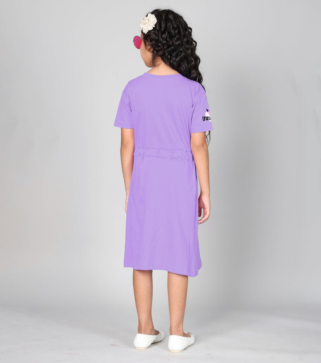 Kyda Kids 100% Pure Cotton Printed Round Neck Regular Fit Short Sleeve Long Top For Girls (Pack Of 1) Lavender