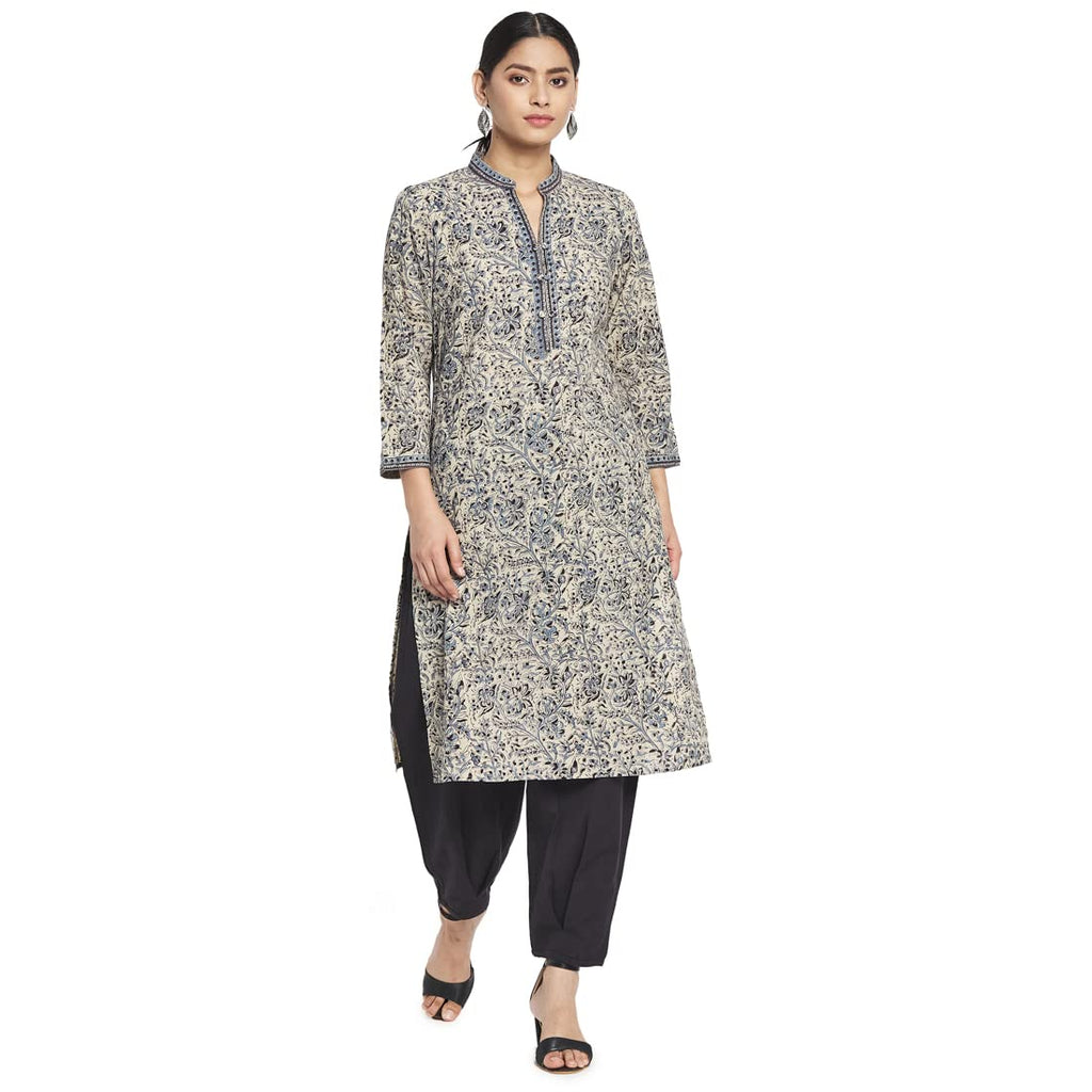 Fabindia Women Cotton Kalamkari Knee Length Regular Fit Kurta Beige_Xs
