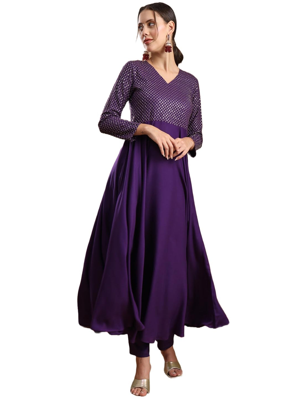 ANNI DESIGNER Women's Viscose Rayon Mukaish Work Anarkali Kurta with Pant & Dupatta (Park Violet_XL_Violet_X-Large)