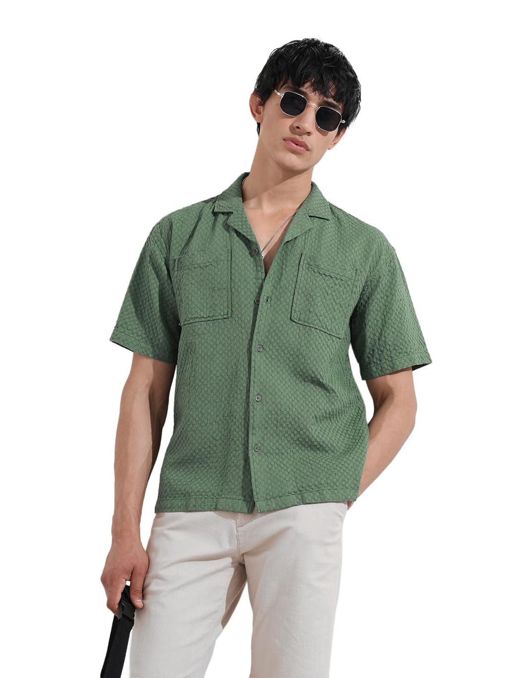 The Indian Garage Co Mens Relaxed Fit Geometric Print Cuban Collar Half Sleeves Resort Sweater