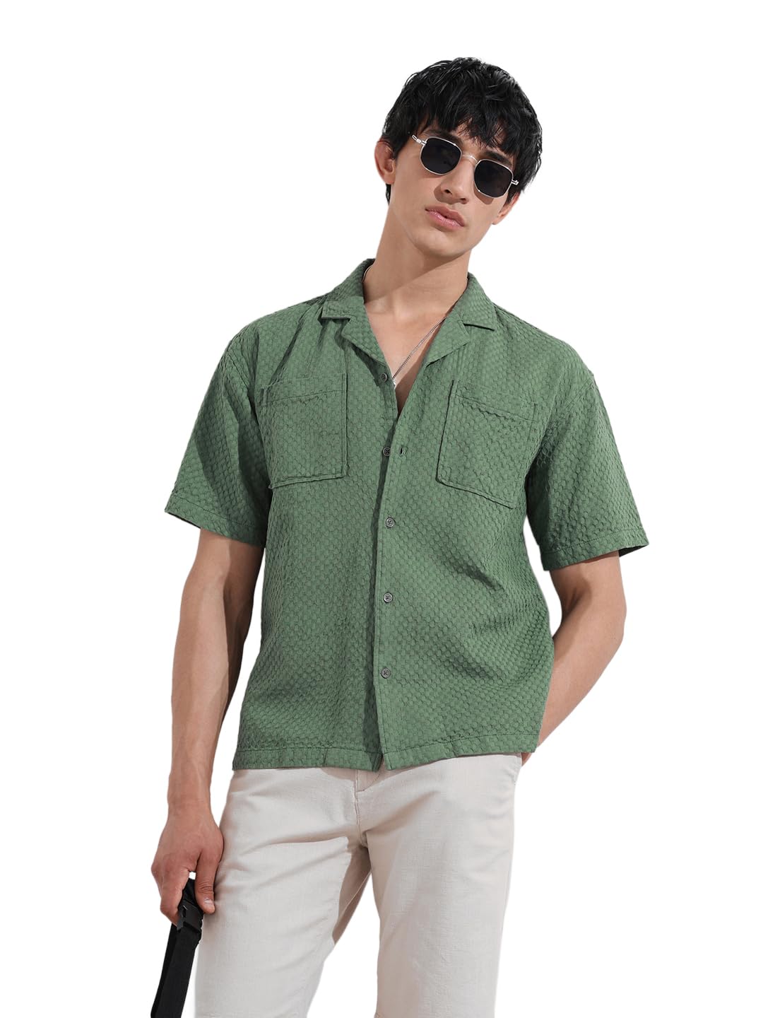 The Indian Garage Co Mens Relaxed Fit Geometric Print Cuban Collar Half Sleeves Resort Sweater