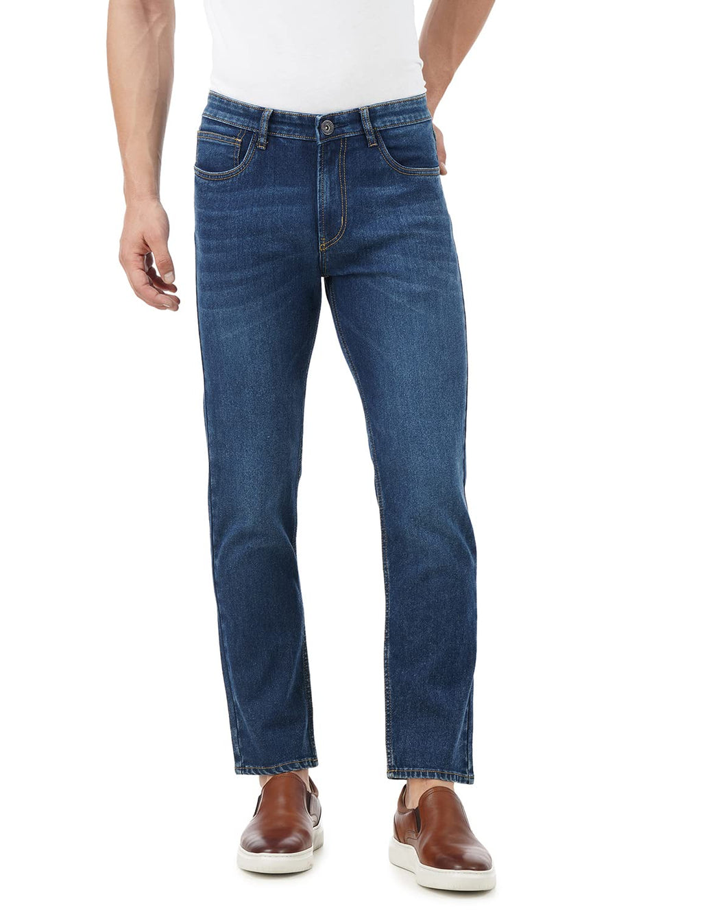 Inkd MenS Regular Fit Jeans - Mid-Rise | Cotton Blend | Contrast Stitch| Stretchable Fabric | Classic 5 Pocket Styling (Indigo 