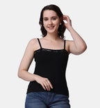 POPWINGS Women Casual Black Rib Solid Sleeve Self Design Noodle Strap Top