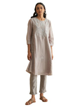 W For Woman Light Grey Embroidered Cotton Silk Kurta