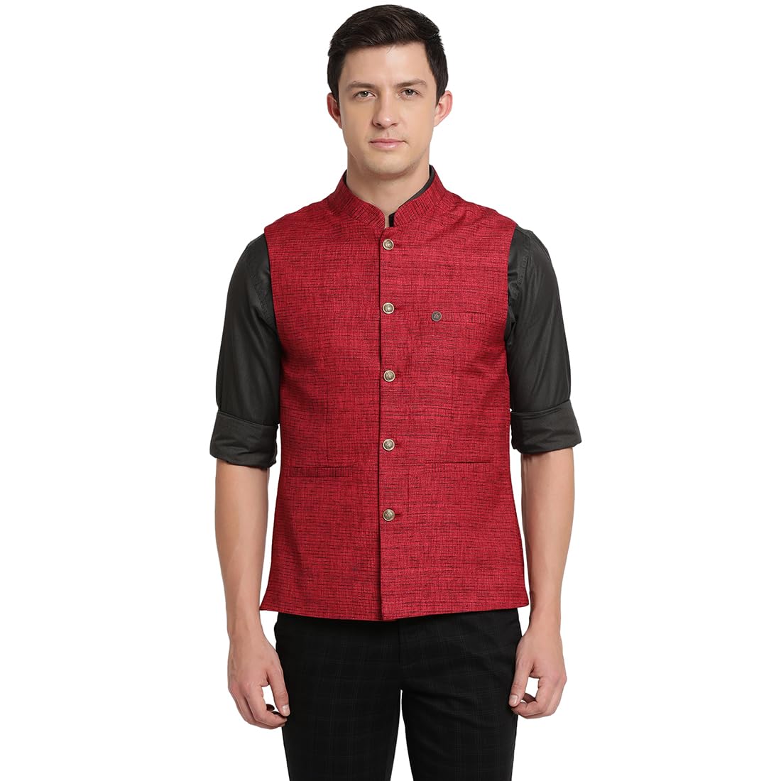 Turtle Men Poly Cotton Printed Red Nehru Jacket