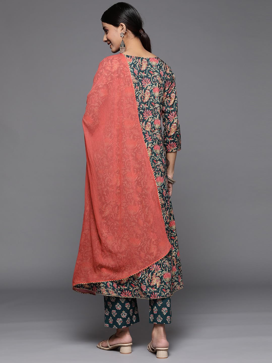 Varanga Women Teal Floral Printed Anarkali With Bottom And Dupatta