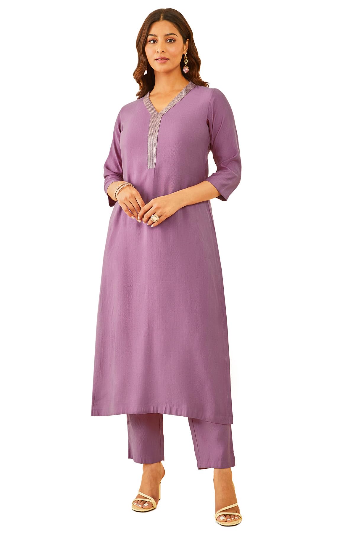 Soch Women Silk Blend Zari Embroidered V-Neck Kurta Sets with Pocket