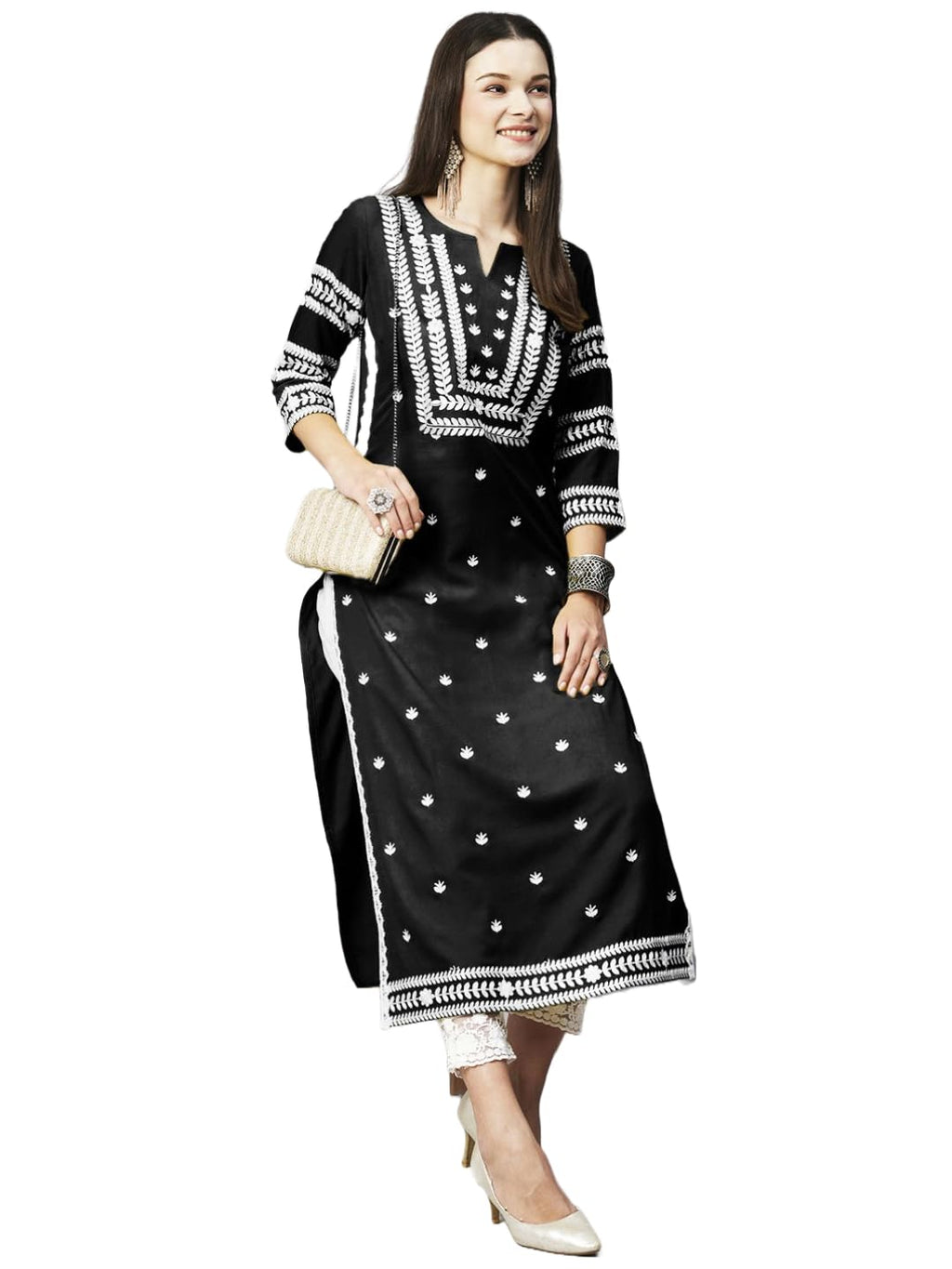 Anni Designer WomenS Cotton Blend Embroidered Straight Kurta (Stho-Black_Xl_Black_X-Large)