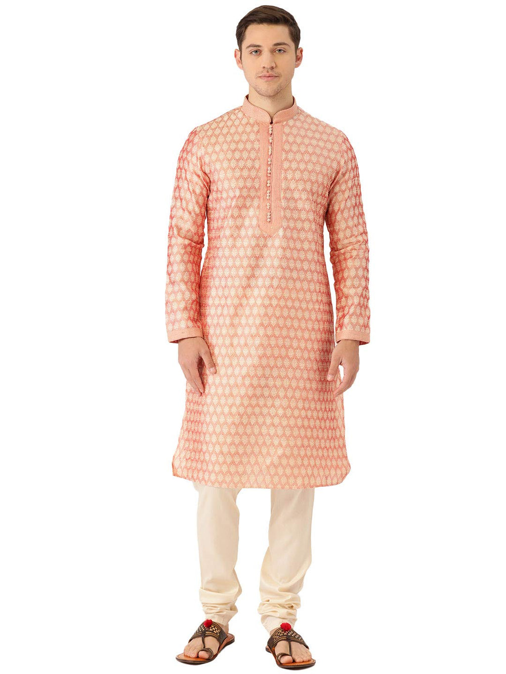 Manyavar Traditional Jacquard Print Kurta And Churidar Set For Men - (Light Peach, X-Large)