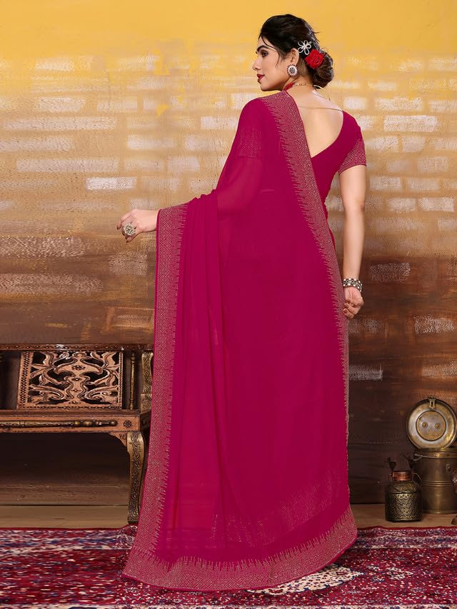 Satrani Womens Georgette Hot Fixing Saree with Unstitched Blouse Piece