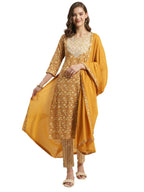 rangita Mustard Cotton Embroidered Straight Kurta with Pant and Dupatta | Kurta Set for Women_M