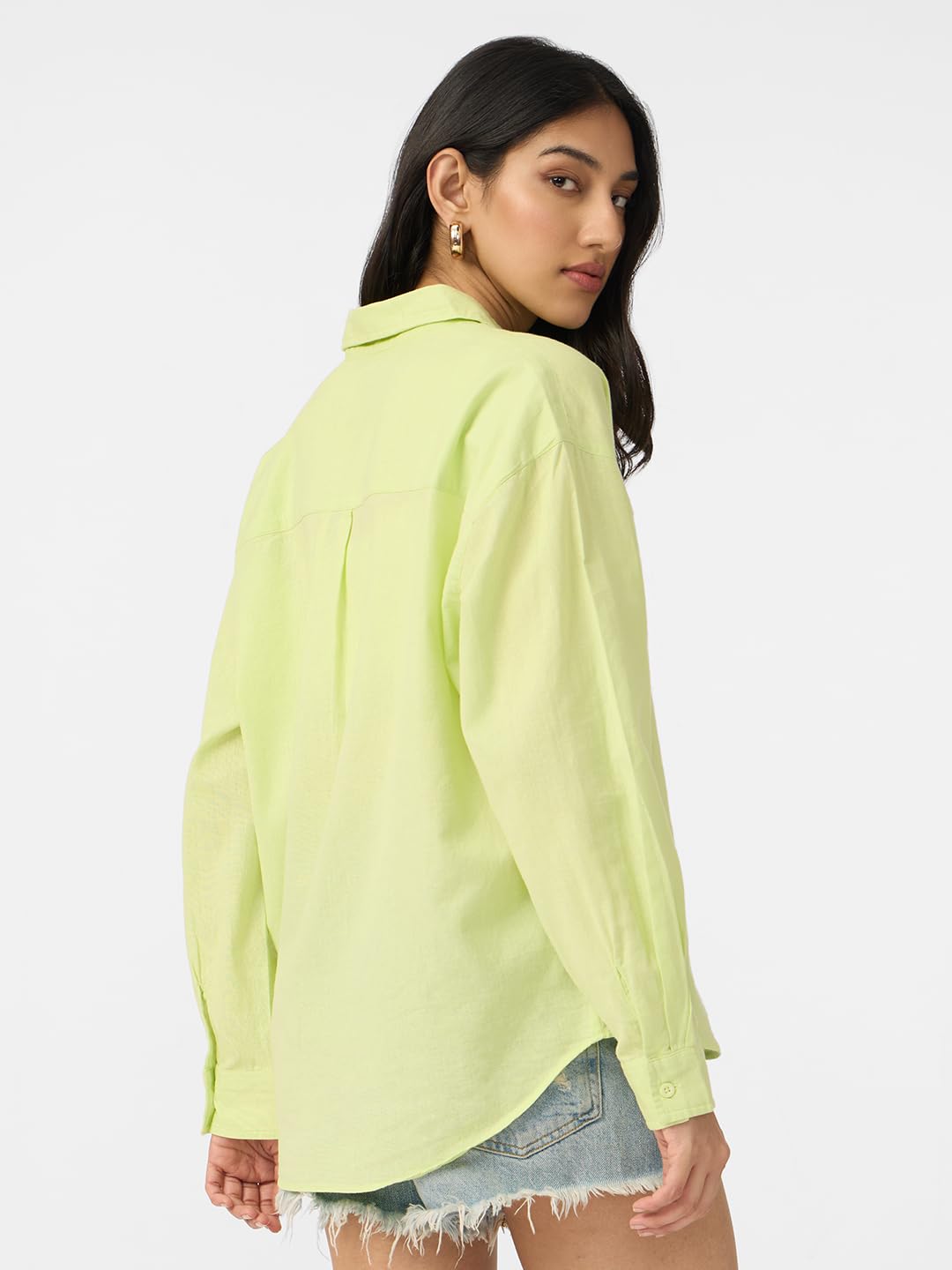 The Souled Store Solids: Lime Women and Girls Loose fit Full Sleeve Cotton and Linen Yellow Color Women Boyfriend Shirts
