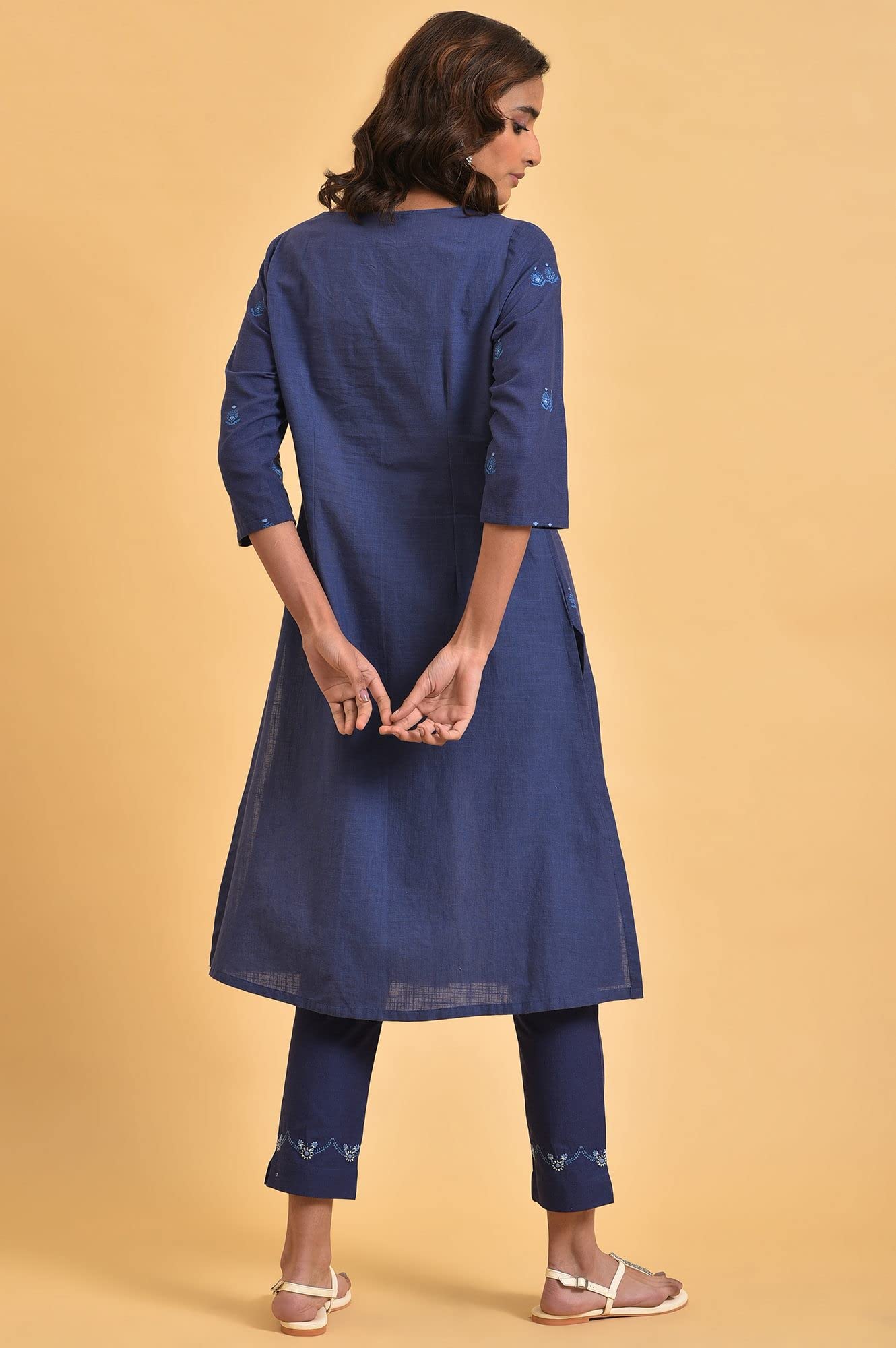 W Dark Blue Floral Printed Cotton Straight Long Kurta For Women