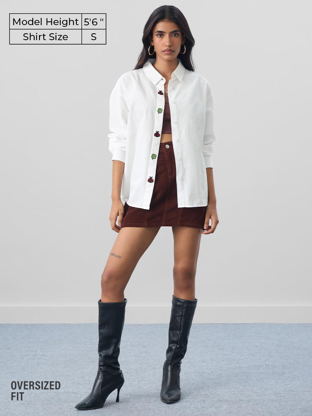 The Souled Store Cotton Linen: Lucky Clover Women and Girls Long Sleeves Collared Neck Button Front White Embroidered Lightweigh