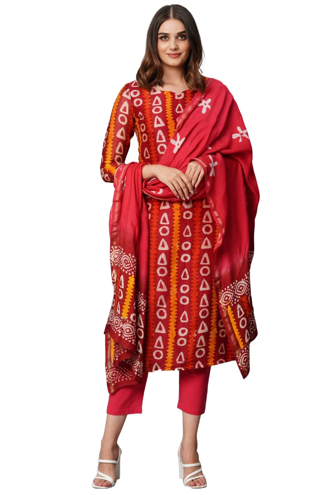 ANNI DESIGNER Womens Cotton Blend Straight Printed Kurta with Pant & Dupatta (Juraho Maroon_L_Maroon_Large)