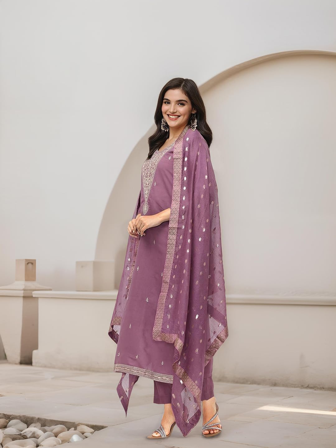 Ishin Women Purple 3 Pcs Kurta Set With Dupatta
