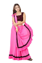 Dhyey Fashion Fashionable Baby Girls Lycra Blend Saree With Velvet Unstitched Blouse Piece | Readymade Saree For Girls | Sarees