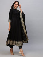ANNI DESIGNER Womens Cotton Blend Solid Anarkali Kurta with Pant & Dupatta (Panchali-Black-Nw_L_Black_Large)