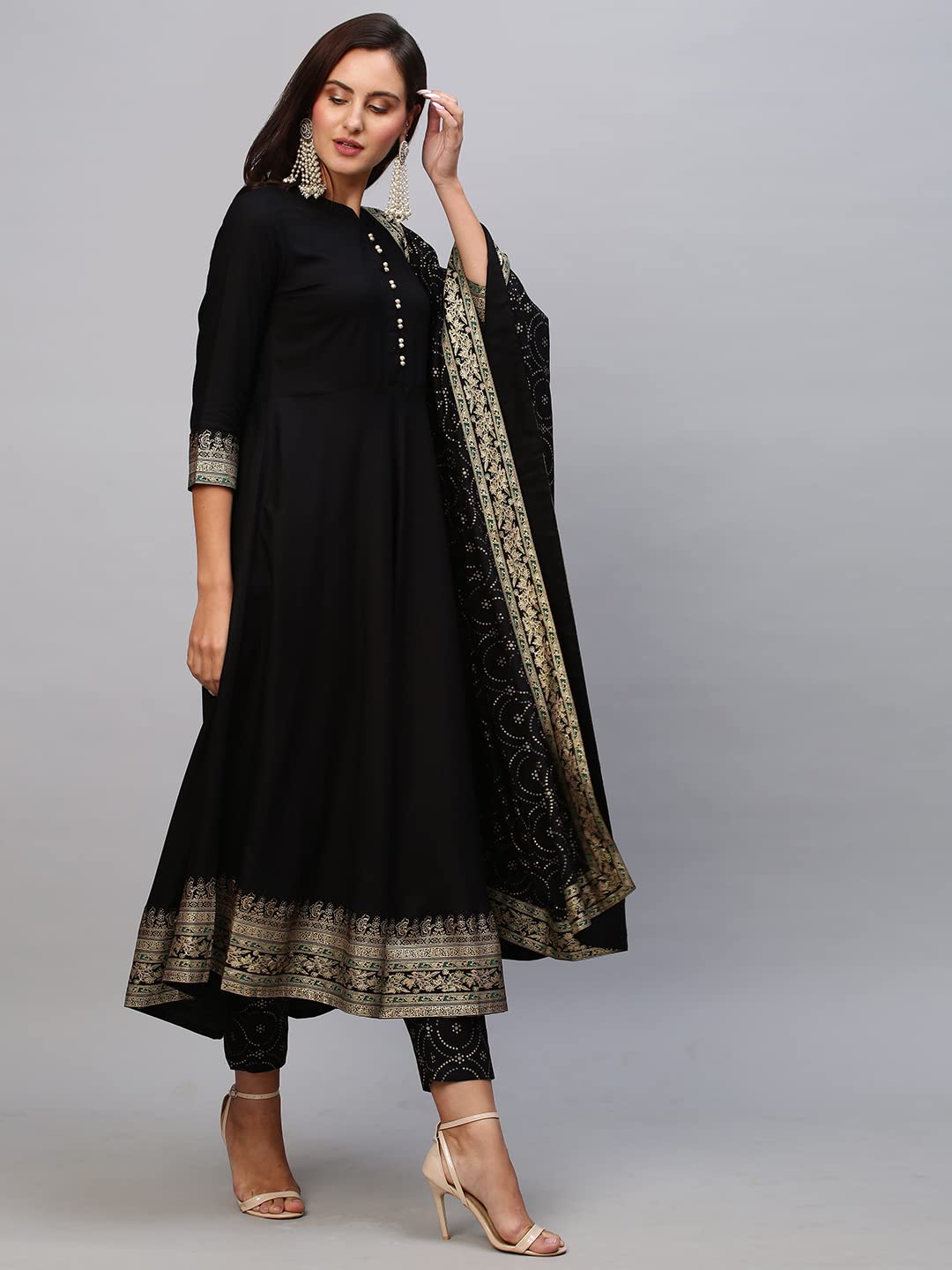 ANNI DESIGNER Womens Cotton Blend Solid Anarkali Kurta with Pant & Dupatta (Panchali-Black-Nw_L_Black_Large)