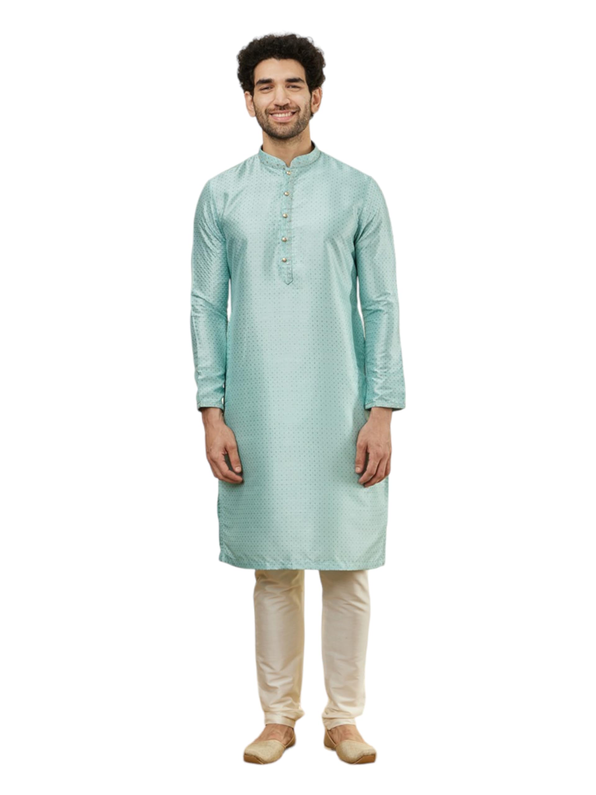 Manyavar Mens Aqua Green Art Silk Kurta Pyjama Set