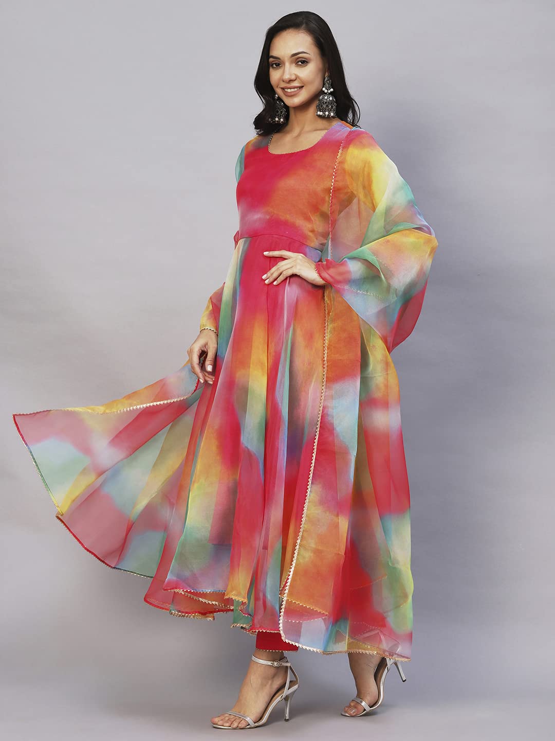 ANNI DESIGNER Womens Organza Anarkali Floral Printed Kurta with Pant & Dupatta (Chakrika-Multi_XL_Multi_X-Large) Multicolour