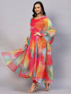 GoSriKi Womens Organza Anarkali Floral Printed Kurta with Pant & Dupatta