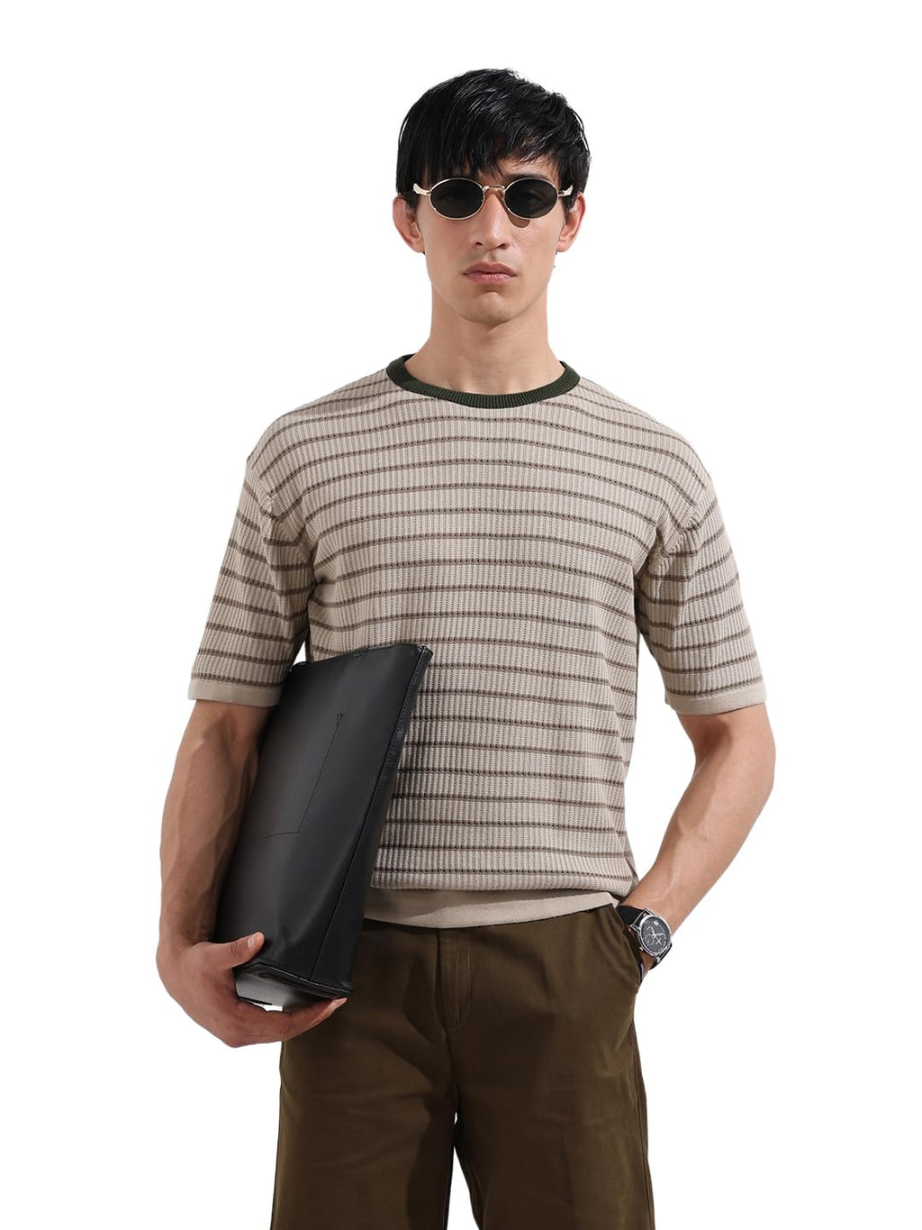 The Indian Garage Co Mens Oversized Fit Textured Half Sleeves Crew Neck Flat Knit Sweater