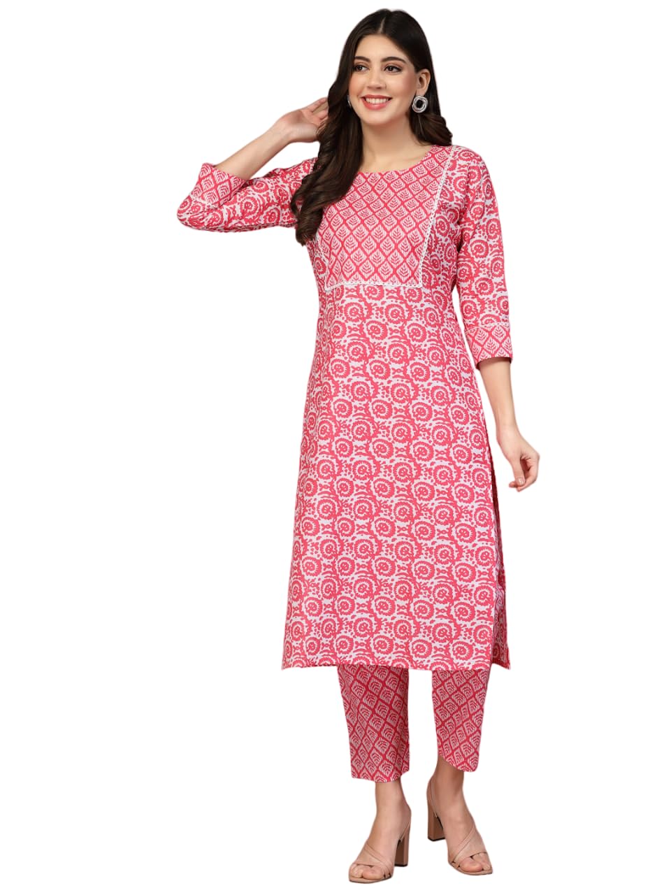 Lookmark Women'S Trendy Printed Cotton Blend Straight Kurta Pant Set||Az-Lm-P1-Ks2095-L Pink