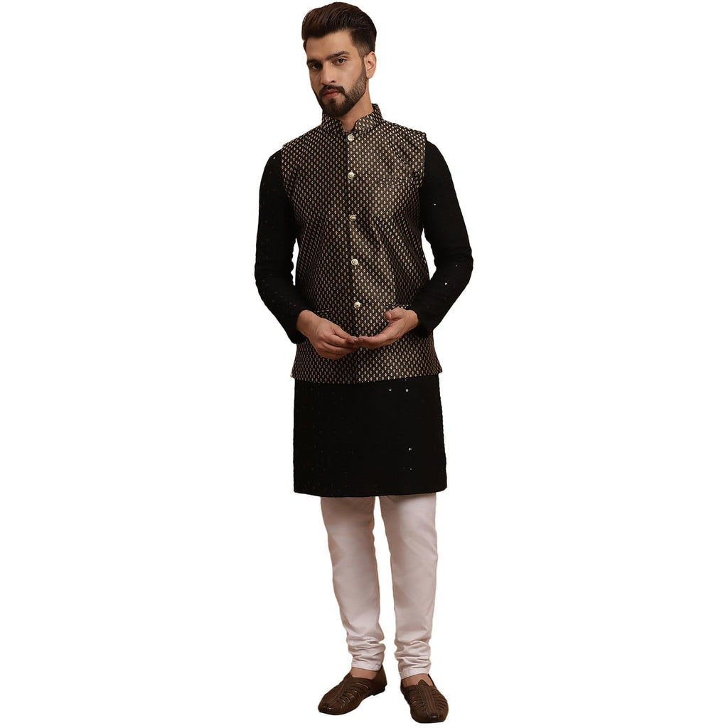 SOJANYA (Since 1958 Mens Cotton Black Kurta and White Pyjama With Black Silk Nehru Jacket
