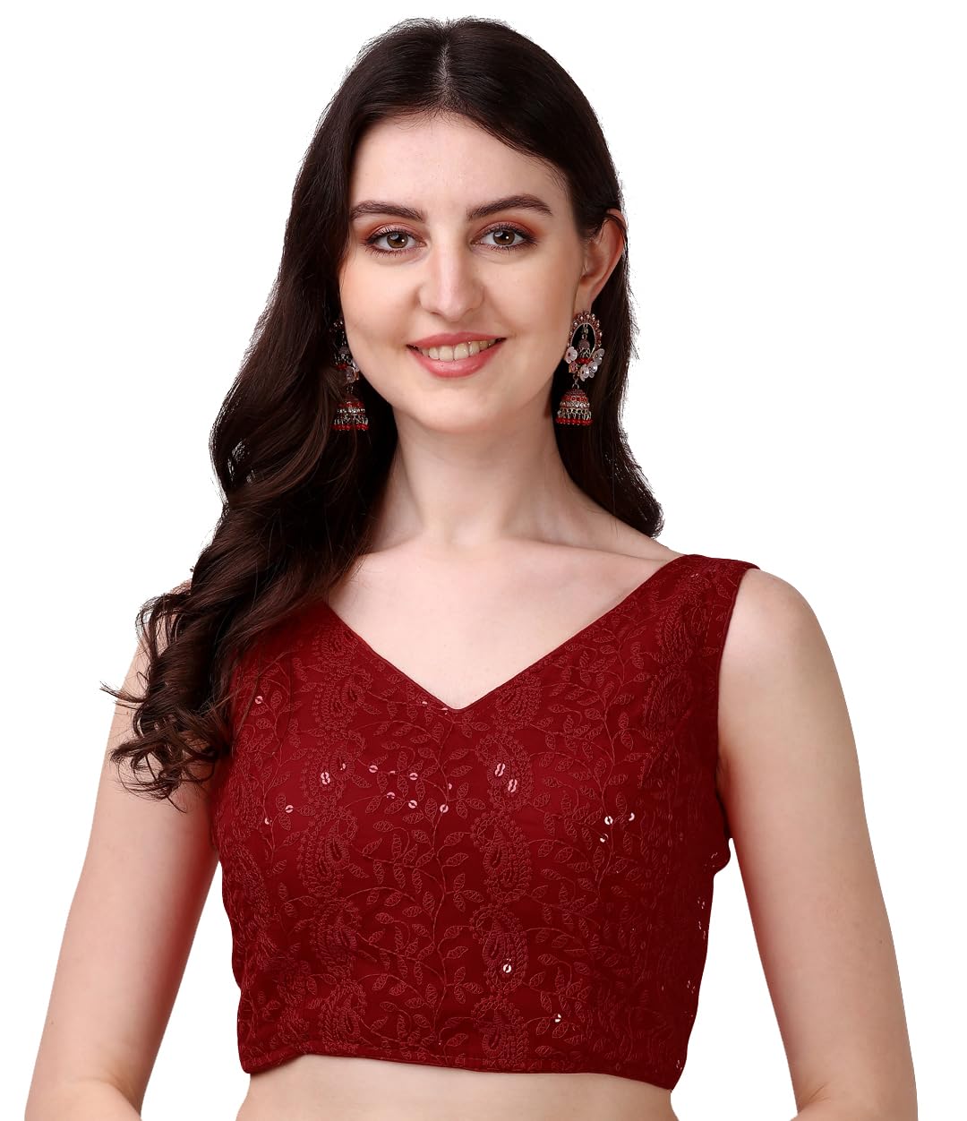 Pujia Mills Womens Georgette Sipali Sequin Work Sleeveless Blouse (Maroon, 38)