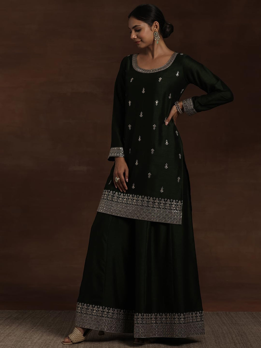 Libas Womens Embroidered Silk Blend Straight Kurta With Palazzos And Dupatta