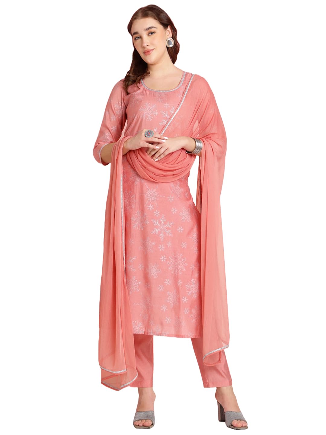 ANNI DESIGNER Womens Rayon Blend Printed Straight Kurta with Pant & Dupatta (VAYU Peach_XL_Peach_X-Large)