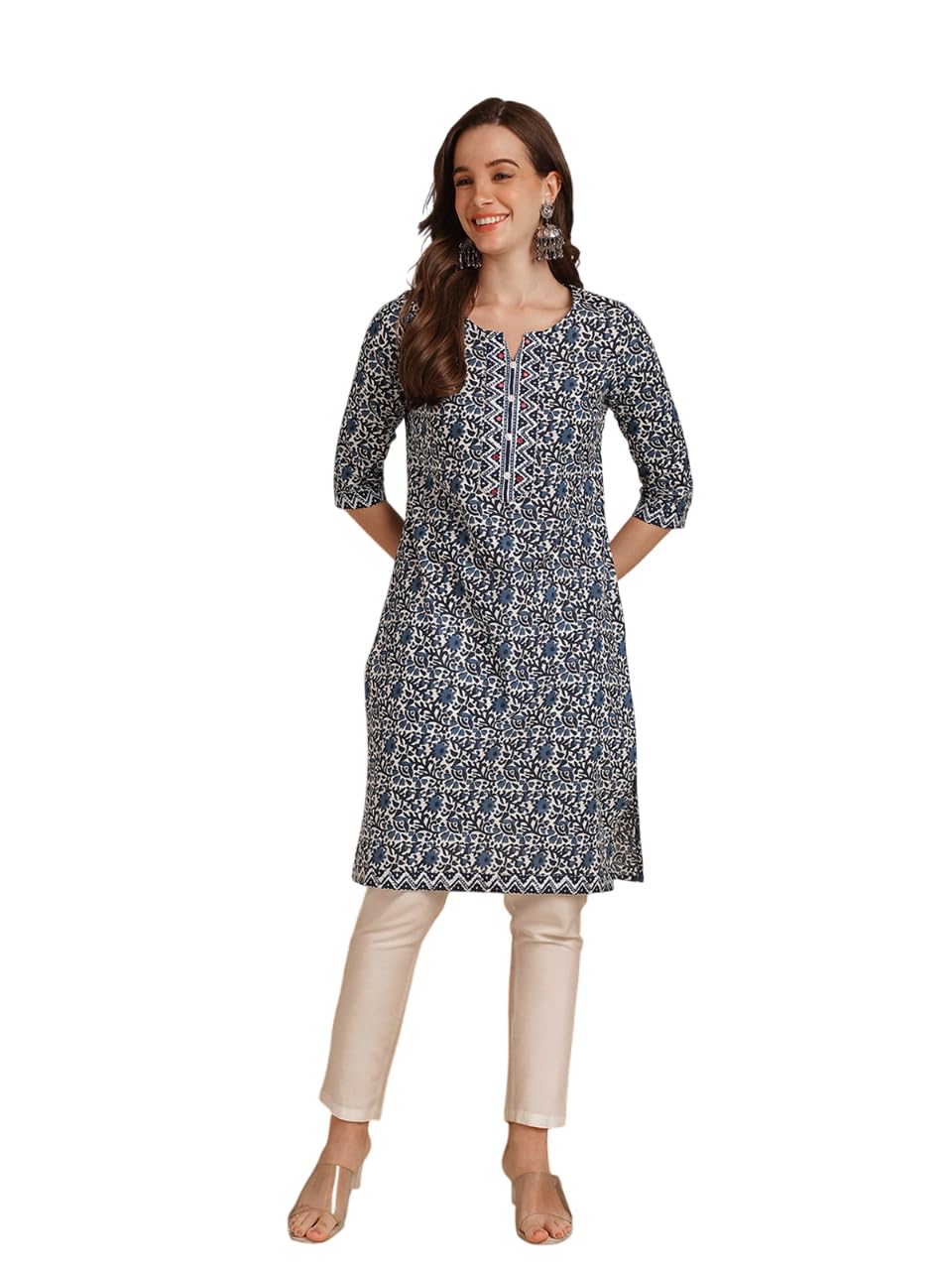 Rangita Blue Cotton Knee Length Embellished Straight Kurti | Kurta For Women_3Xl