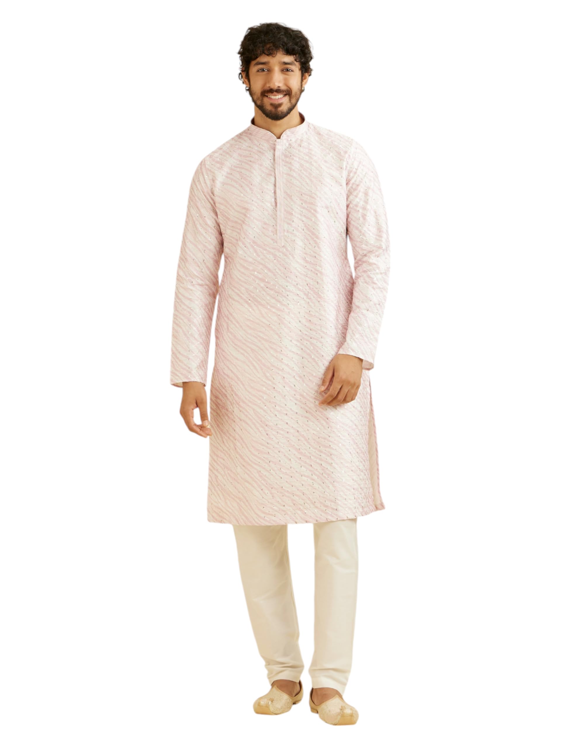 Manyavar Mens Art Silk Printed| Thread Embroidery| Sequin Work Kurta Pyjama Set (Pink,XL)