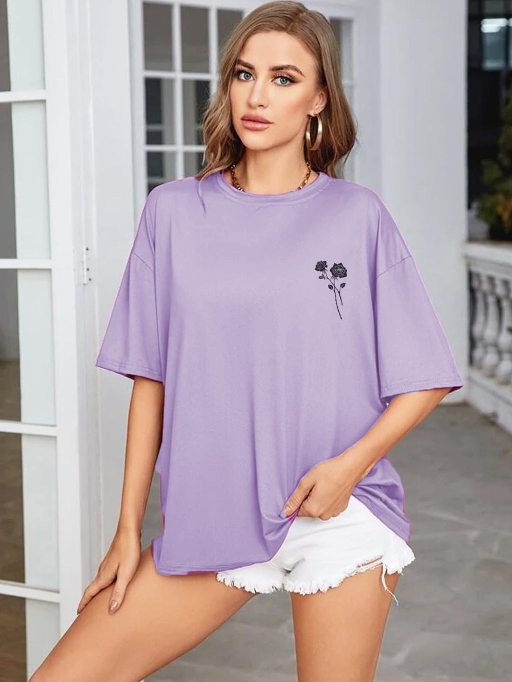 RIGO Womens Printed Oversized Fit T-Shirt (WCT02231558_Light Purple2