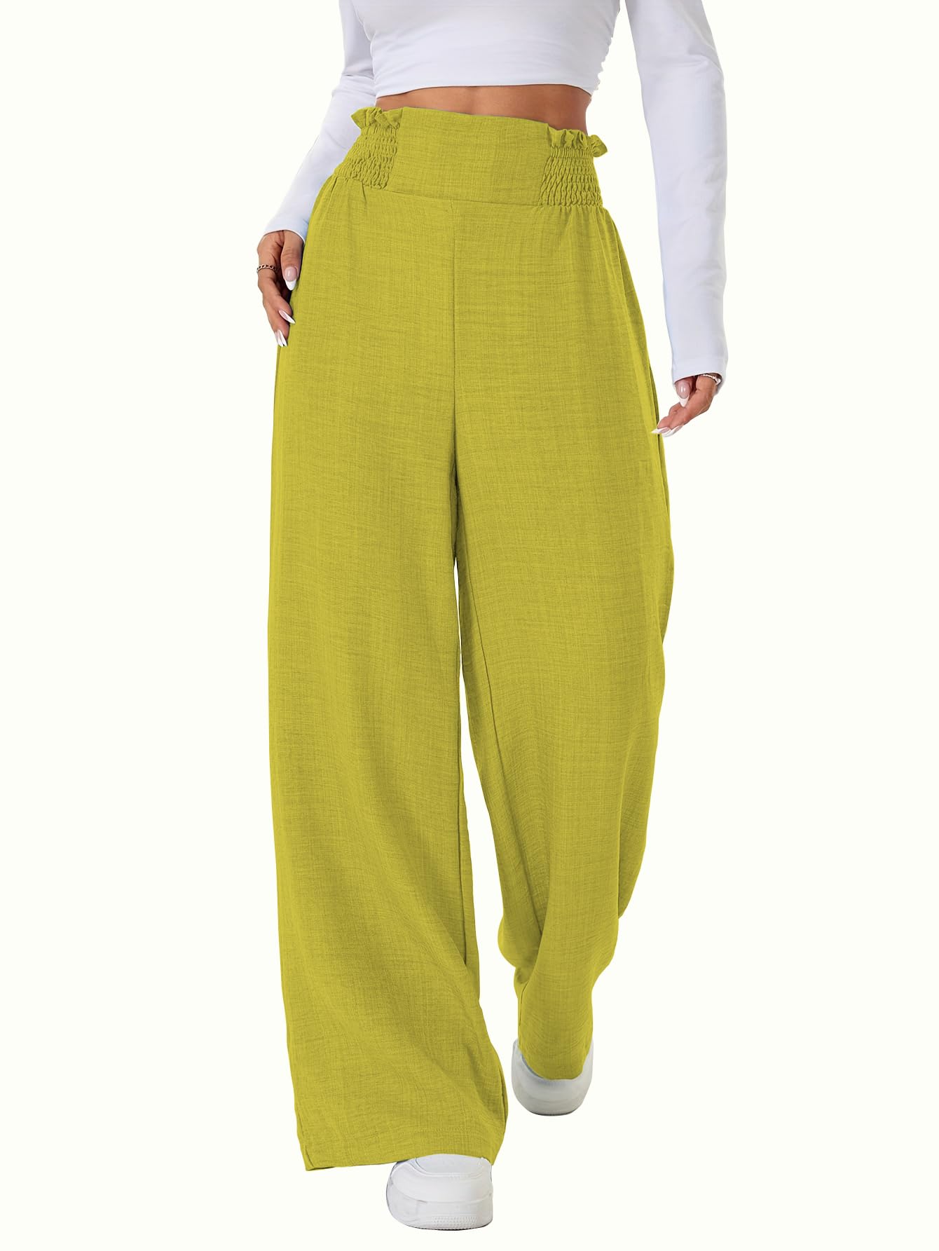 Sugathari Womens Lemon Yellow Casual Wide Leg Pants  High Waist Elastic Waistband Loose Fit Long Trousers | Lightweight Straigh