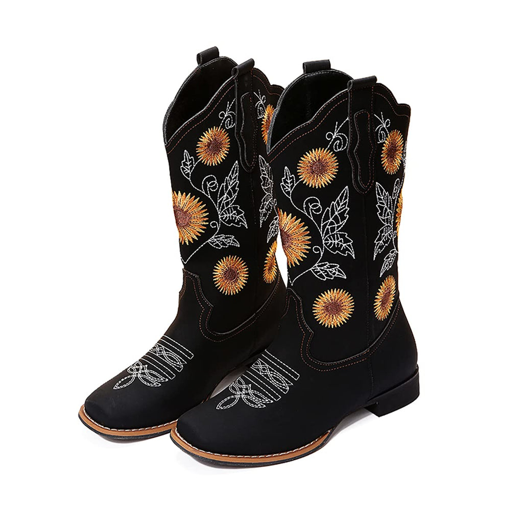 gloryinterest Cowboy Boots for Women Mid Calf Cowgirl Western Boots Sunflower Embroidery Stitched Square Toe Low Heel Black Brow
