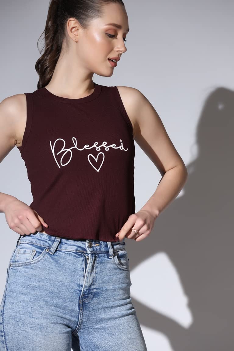 OM SAI LATEST CREATION Crop Tops for Women || Ribbed Solid Chest Printed Crop Top for Girls || Text & Hart Print with Round Neck