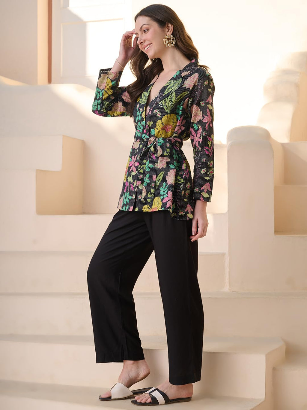 Stylum Womens Floral Printed Katha Cotton Kurti Pant Set