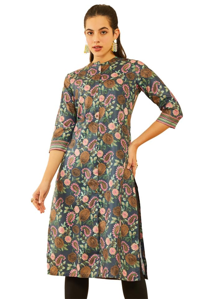 Soch Womens Charcoal Rayon Floral & Paisley Printed Straight Kurta