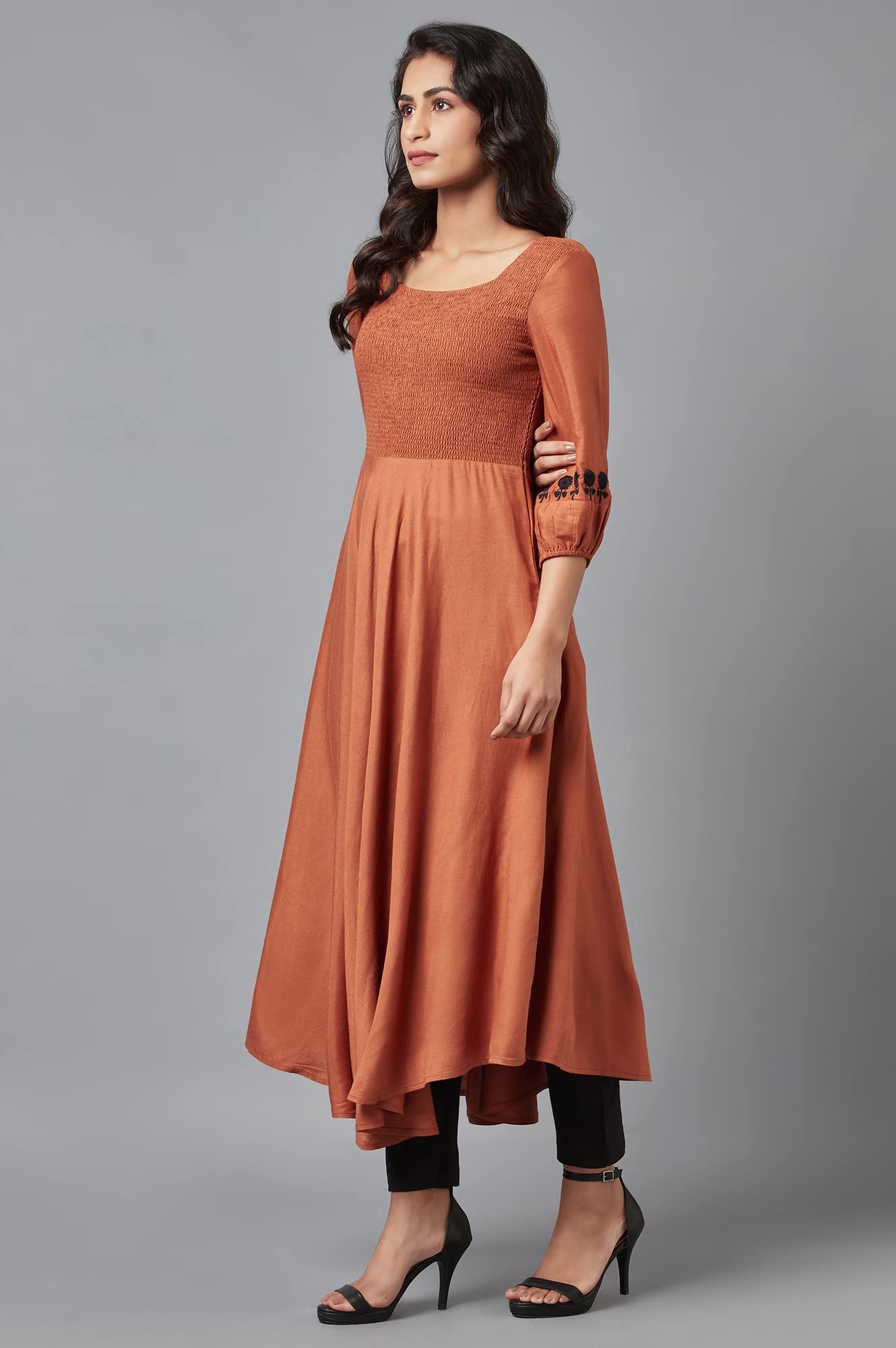 W Brown Rayon Blend Embroidered A-Line Kurta for Women
