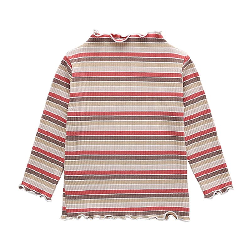 RUKOSU Toddler Baby Girls Long Sleeve Striped T Shirt Casual Lettuce Trim Ribbed Knit Pullover Blouse Top, Dark Red, 3T 3