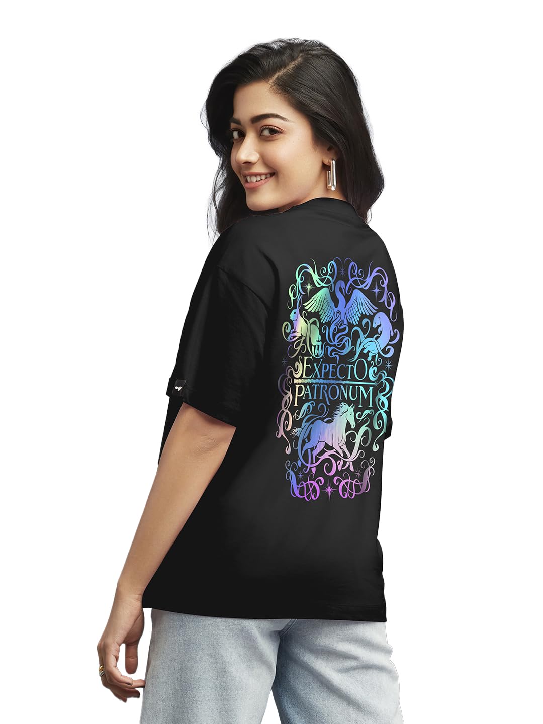 Bewakoof Womens Cotton Expecto Graphic Printed T Shirt- Oversized Fit, Round Neck, Half Sleeves_589280_Black_M