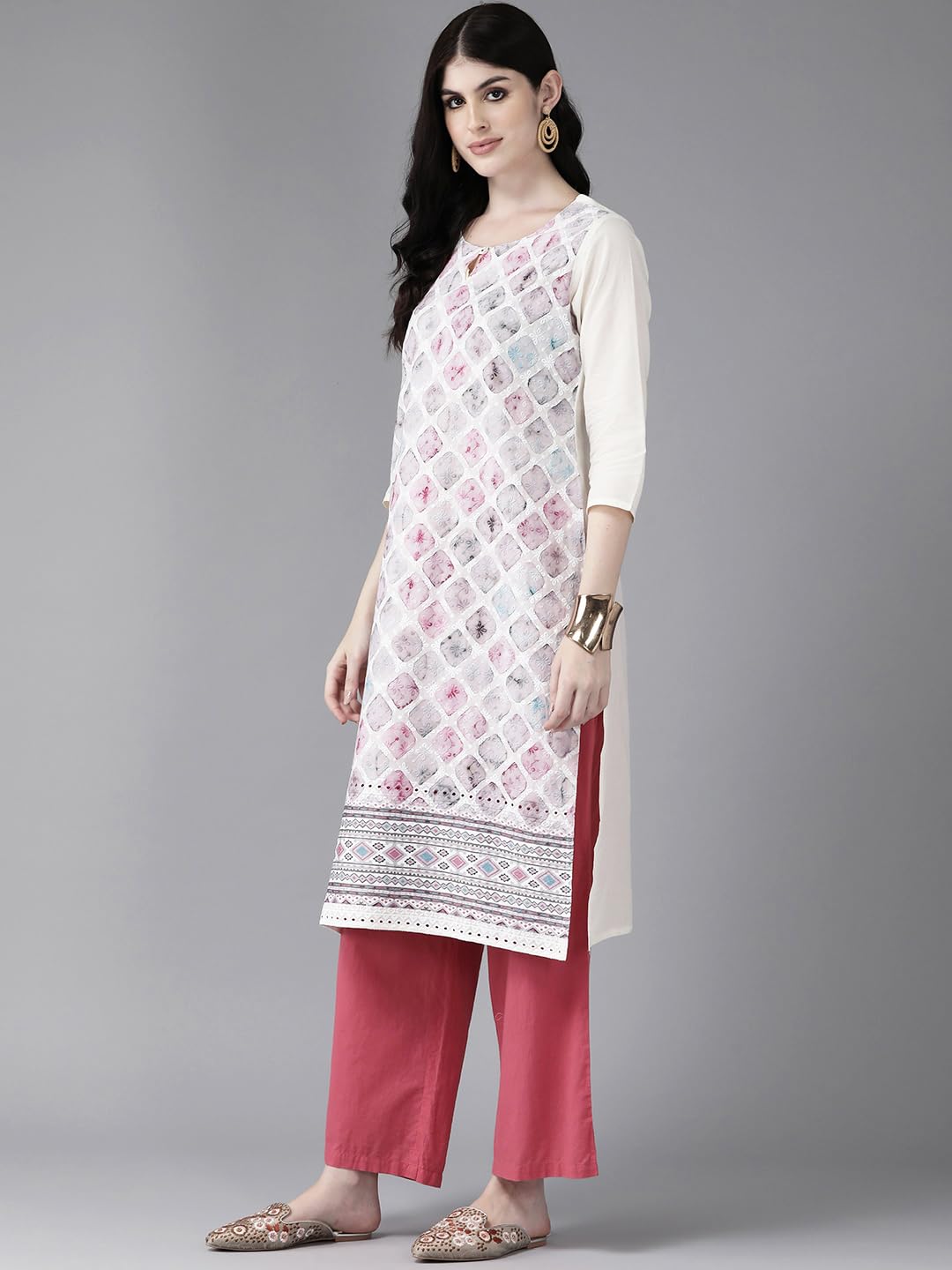 Aarika Womens Cream-Pink Color Cotton Kurti