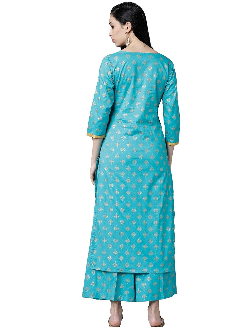 ANNI DESIGNER Womens Cotton Gold-Toned Printed Kurti with Palazzos (DEVIKA-Blue_M)