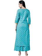 ANNI DESIGNER Womens Cotton Gold-Toned Printed Kurti with Palazzos (DEVIKA-Blue_M)