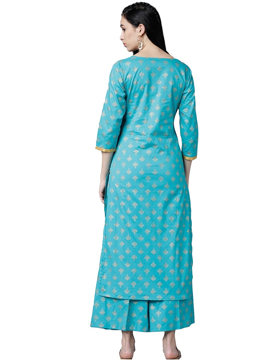 ANNI DESIGNER Womens Cotton Gold-Toned Printed Kurti with Palazzos (DEVIKA-Blue_M)