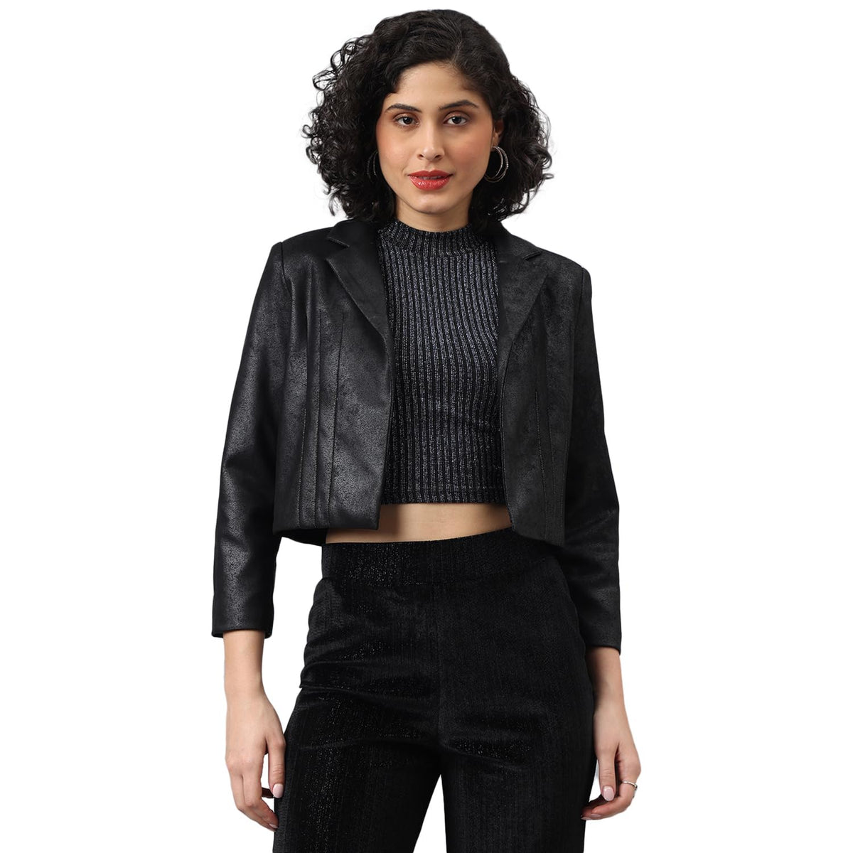 Latin Quarters Women Black Full Sleeve Solid Casual Jacket_XL